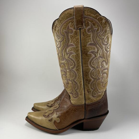 Justin Cowboy Damiana Boots L4337 Leather Snip Toe Size 6.5 B Tan Brown 2 Tone - Picture 3 of 10